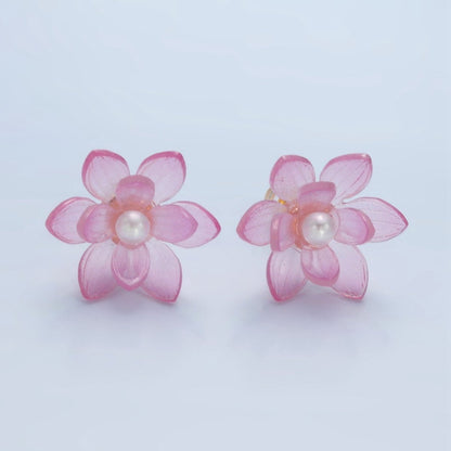 24K Gold Filled Pink Acrylic Sakura Flower Stud Earrings | P099