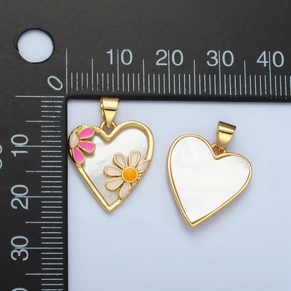 24K Gold Filled Pink White Daisy Shell Pearl Heart Bezel Pendant | AA855