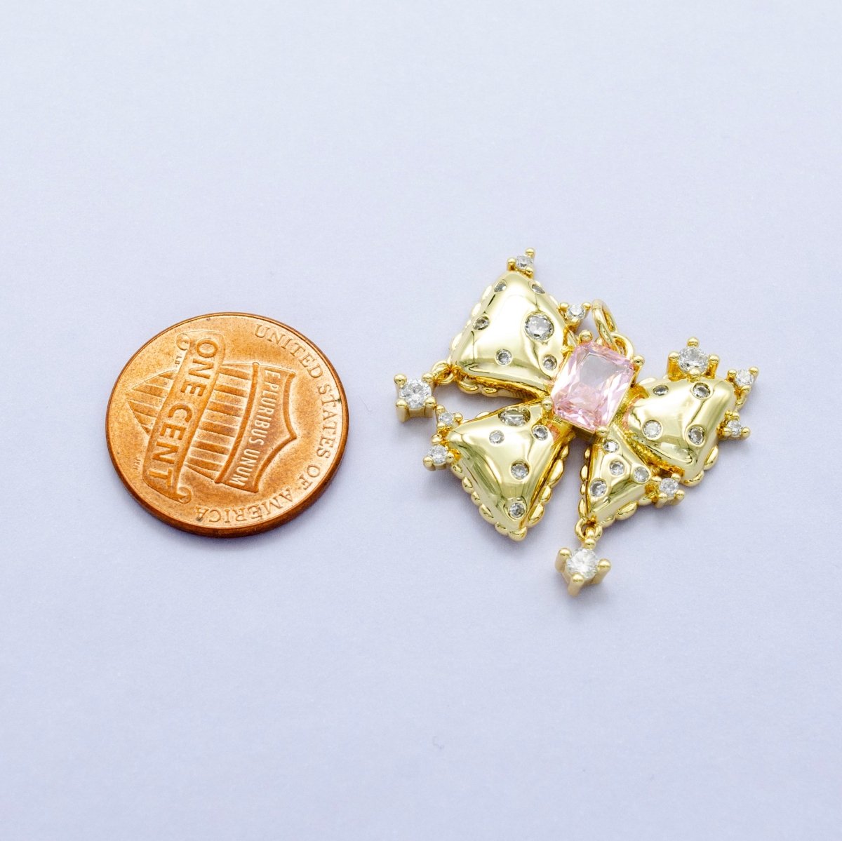 24K Gold Filled Pink Baguette CZ-Dotted Ribbon Bow Charm | M315