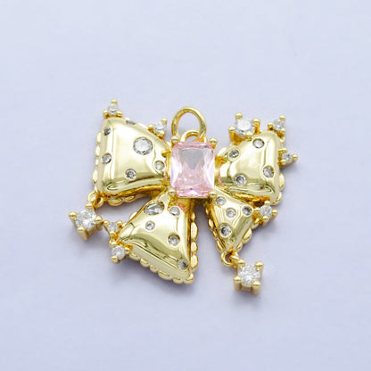 24K Gold Filled Pink Baguette CZ-Dotted Ribbon Bow Charm | M315