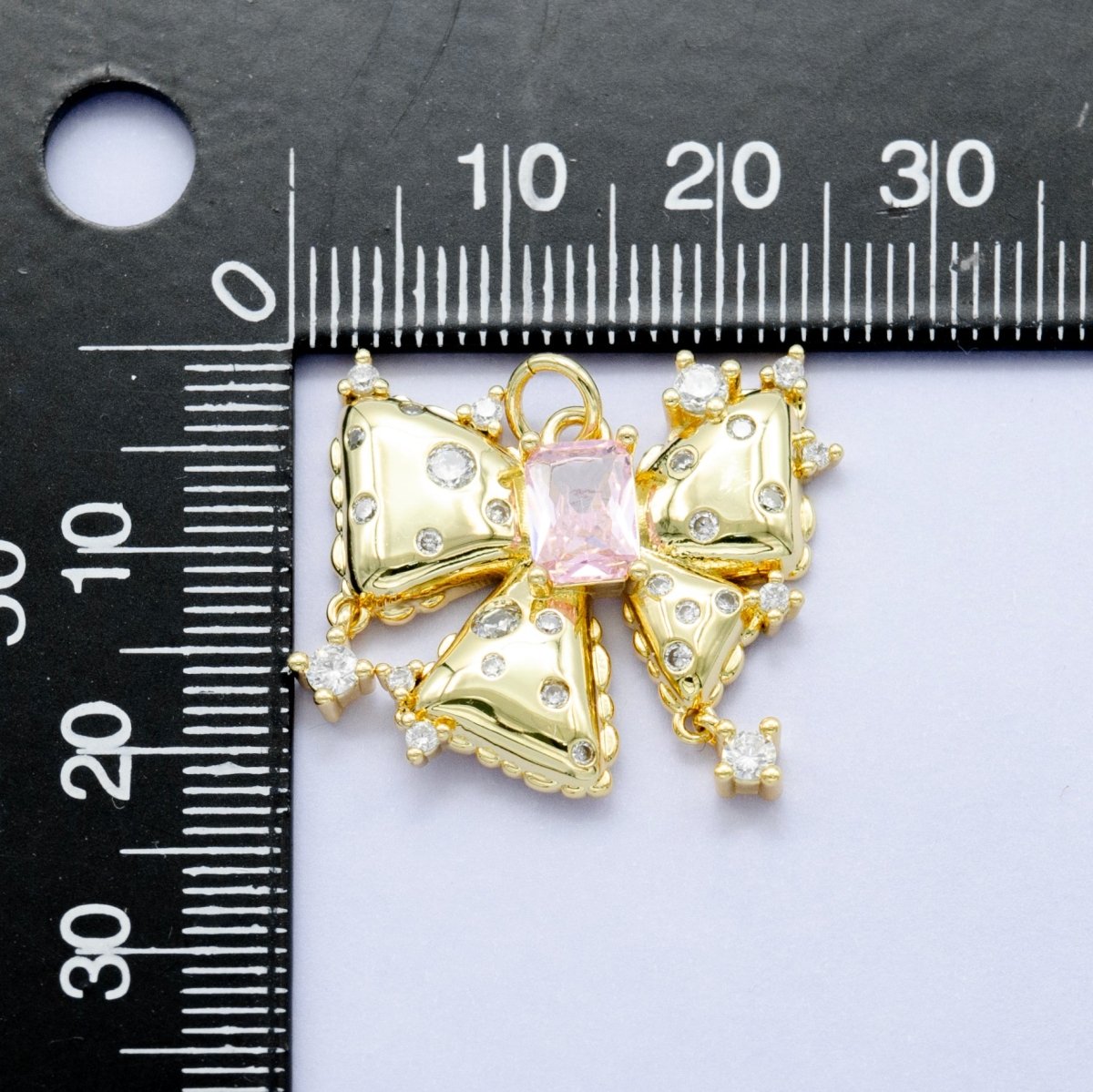 24K Gold Filled Pink Baguette CZ-Dotted Ribbon Bow Charm | M315