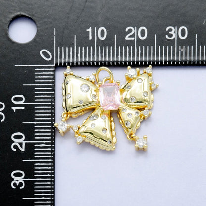 24K Gold Filled Pink Baguette CZ-Dotted Ribbon Bow Charm | M315