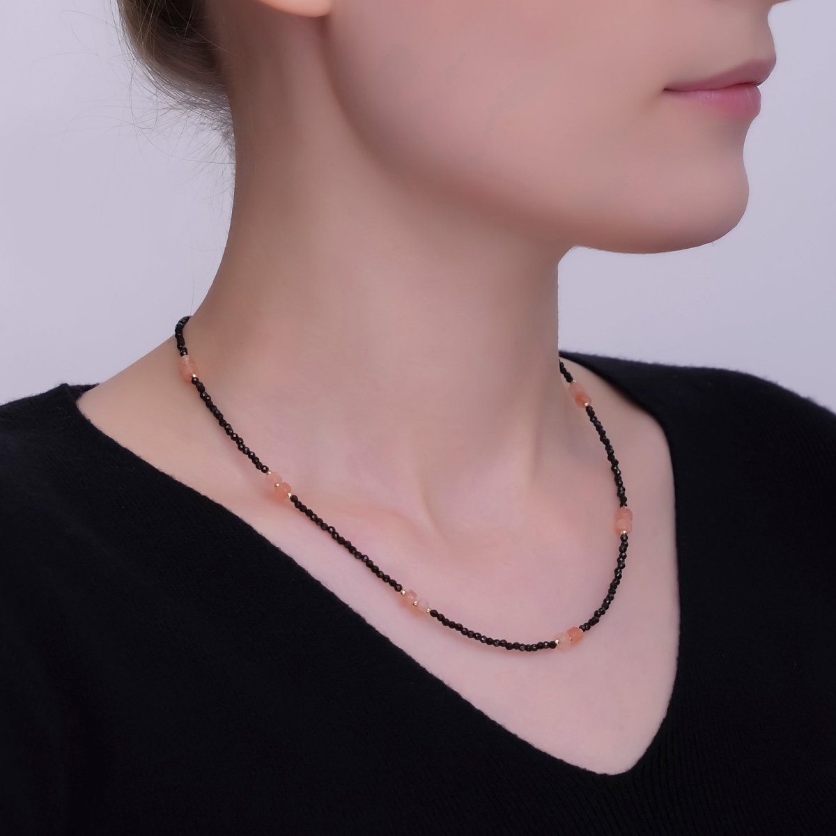 24K Gold Filled Pink Black Gemstone Bead 17 Inch Necklace | WA-2961