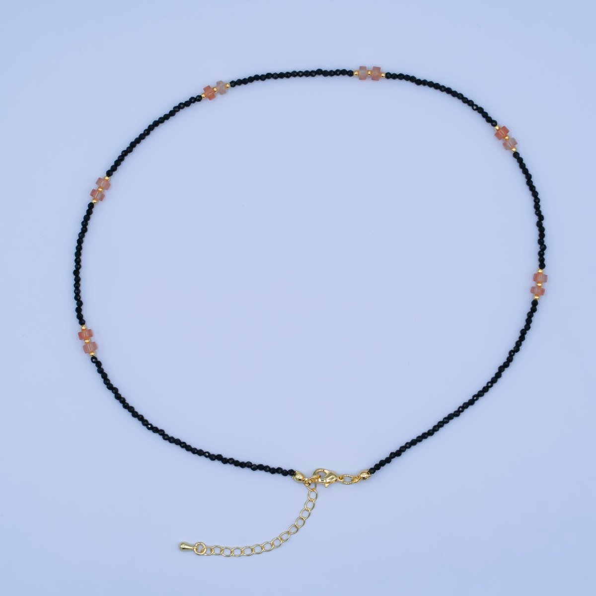 24K Gold Filled Pink Black Gemstone Bead 17 Inch Necklace | WA-2961