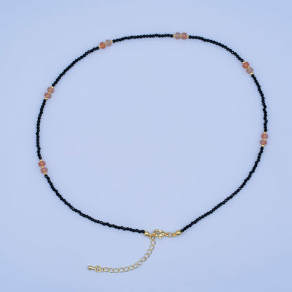 24K Gold Filled Pink Black Gemstone Bead 17 Inch Necklace | WA-2961