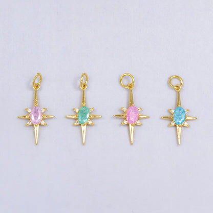 24K Gold Filled Pink Blue Green CZ Celestial North Star Charm | W229