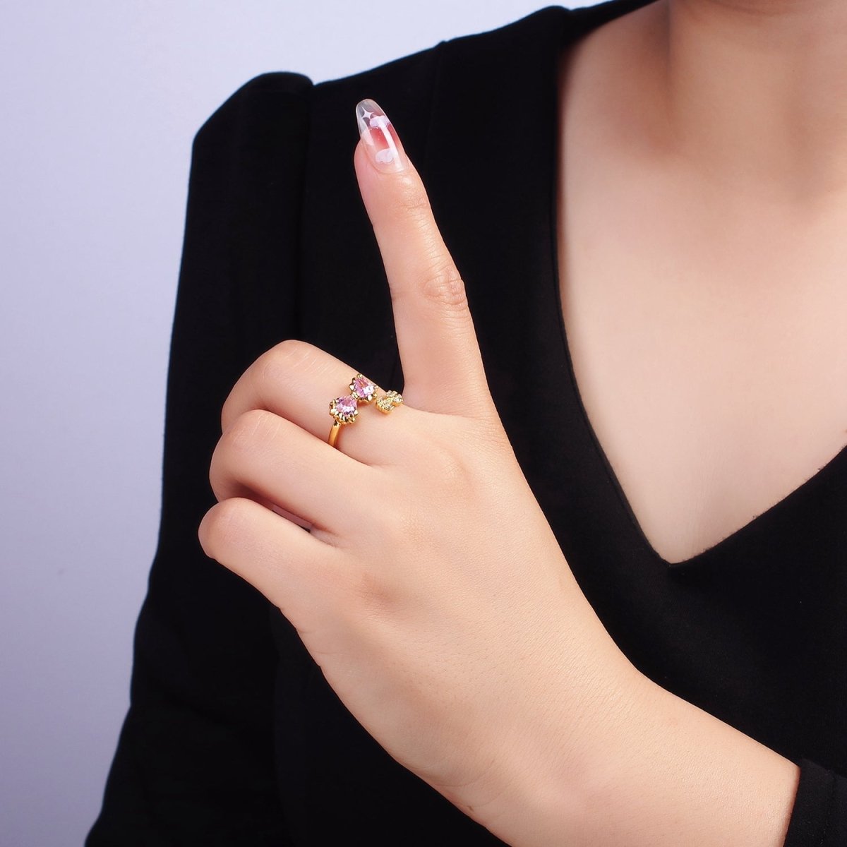 24K Gold Filled Pink Bow Ring Micro Paved Clear CZ Ribbon Ring | O1390