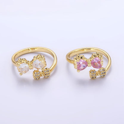 24K Gold Filled Pink Bow Ring Micro Paved Clear CZ Ribbon Ring | O1390