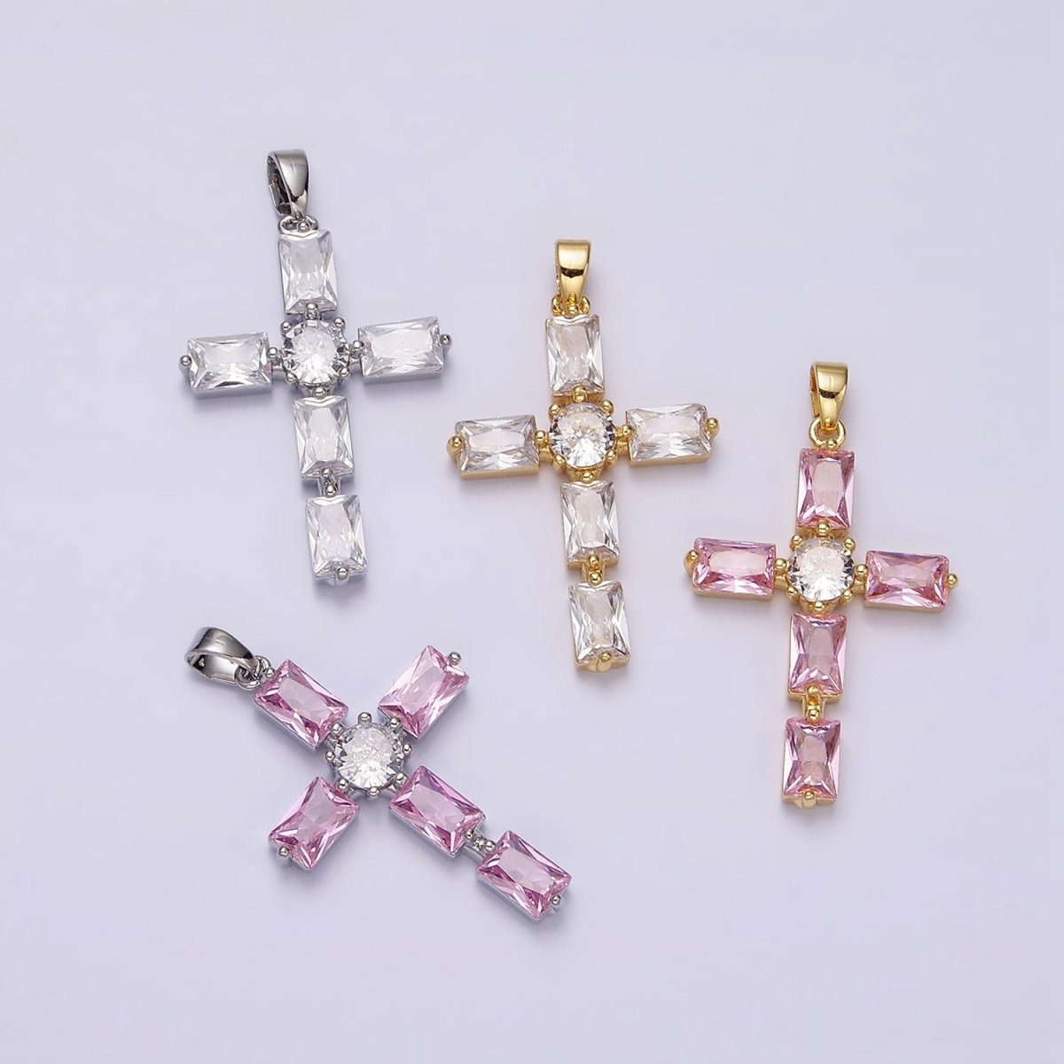 24K Gold Filled Pink, Clear Baguette Dotted Religious Cross in Silver &amp; Gold | AA543 - AA546