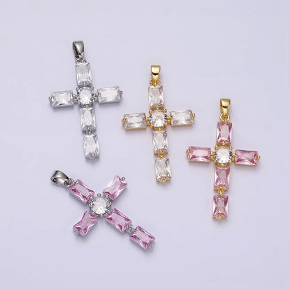 24K Gold Filled Pink, Clear Baguette Dotted Religious Cross in Silver &amp; Gold | AA543 - AA546