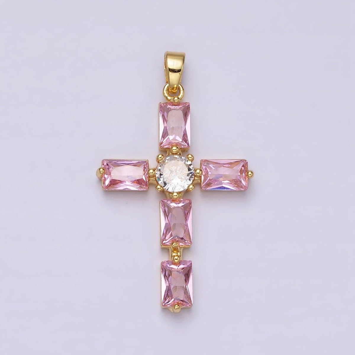 24K Gold Filled Pink, Clear Baguette Dotted Religious Cross in Silver &amp; Gold | AA543 - AA546