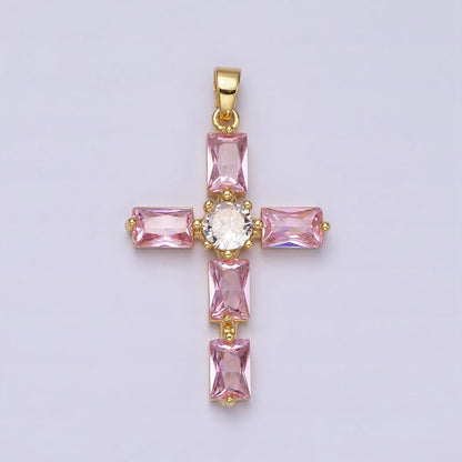 24K Gold Filled Pink, Clear Baguette Dotted Religious Cross in Silver &amp; Gold | AA543 - AA546