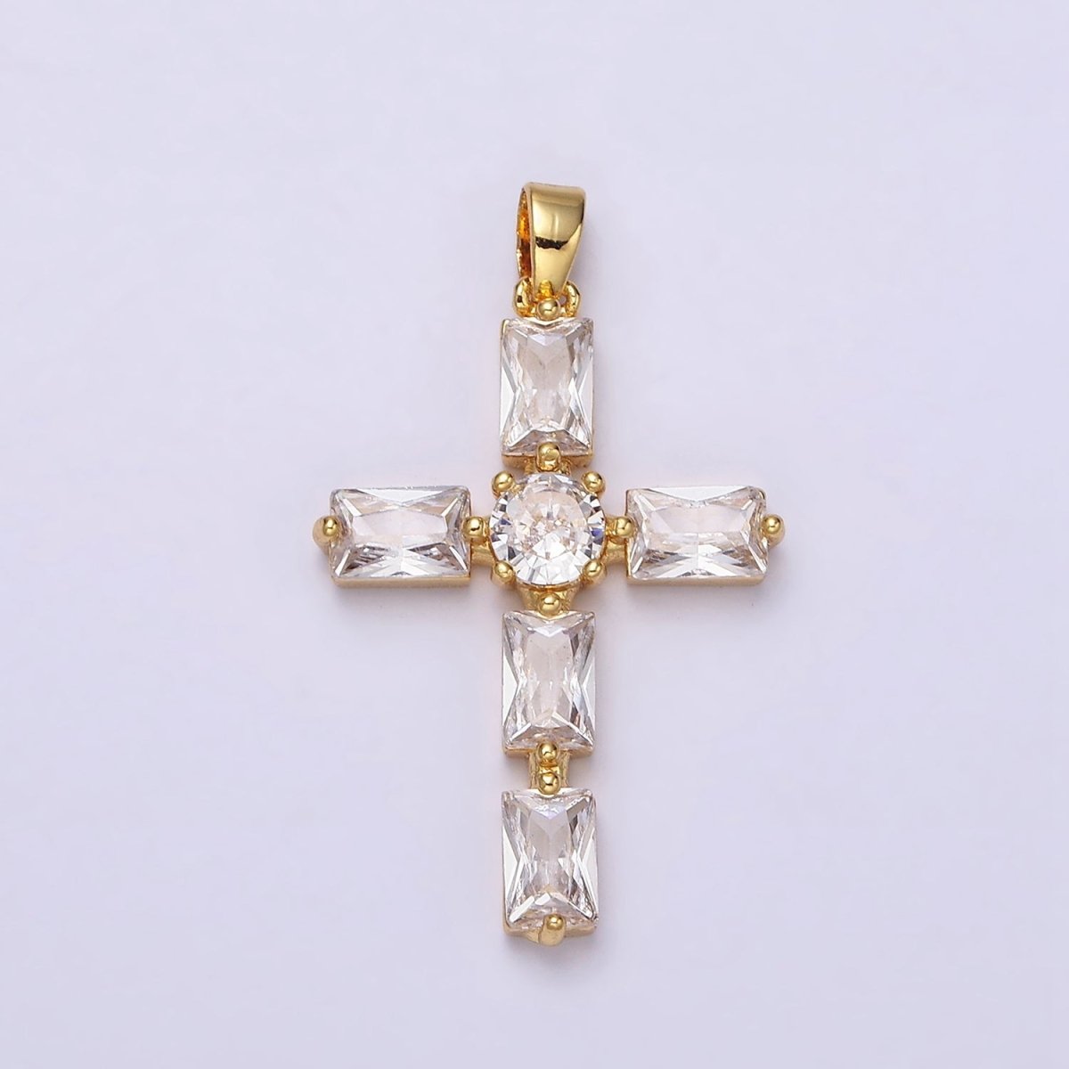 24K Gold Filled Pink, Clear Baguette Dotted Religious Cross in Silver &amp; Gold | AA543 - AA546