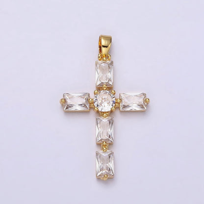 24K Gold Filled Pink, Clear Baguette Dotted Religious Cross in Silver &amp; Gold | AA543 - AA546