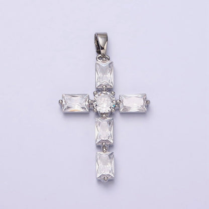 24K Gold Filled Pink, Clear Baguette Dotted Religious Cross in Silver &amp; Gold | AA543 - AA546
