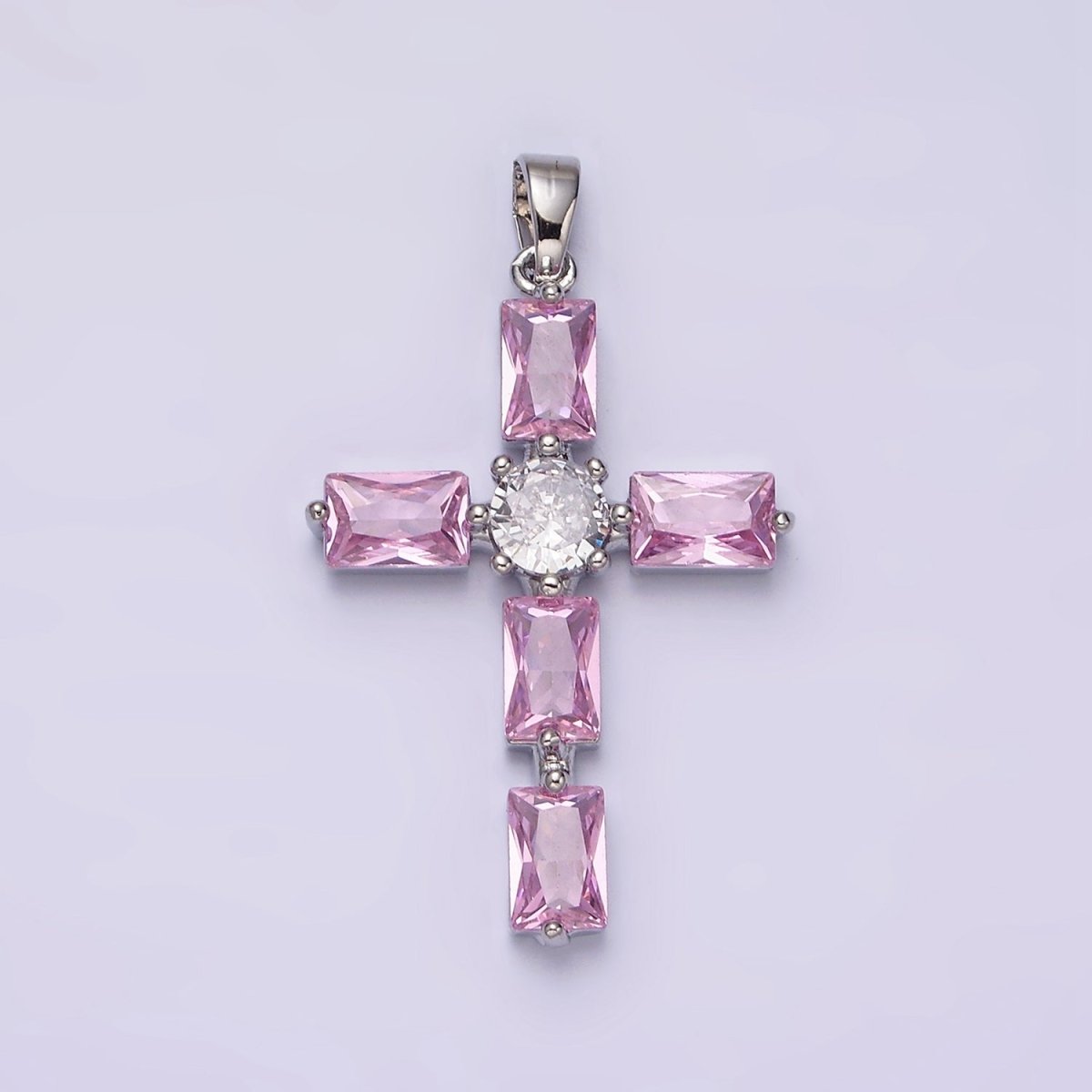 24K Gold Filled Pink, Clear Baguette Dotted Religious Cross in Silver &amp; Gold | AA543 - AA546
