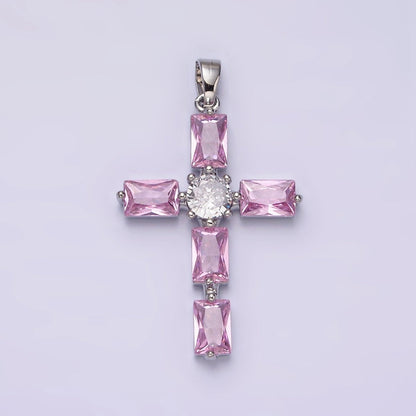 24K Gold Filled Pink, Clear Baguette Dotted Religious Cross in Silver &amp; Gold | AA543 - AA546