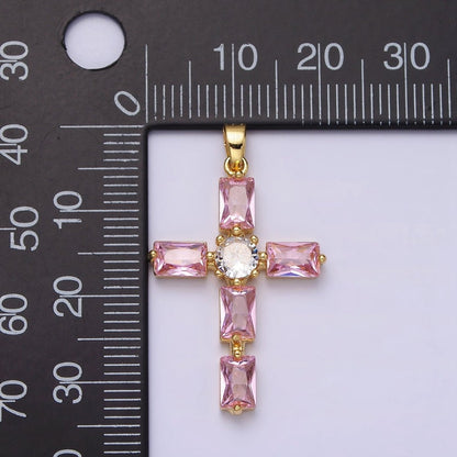 24K Gold Filled Pink, Clear Baguette Dotted Religious Cross in Silver &amp; Gold | AA543 - AA546