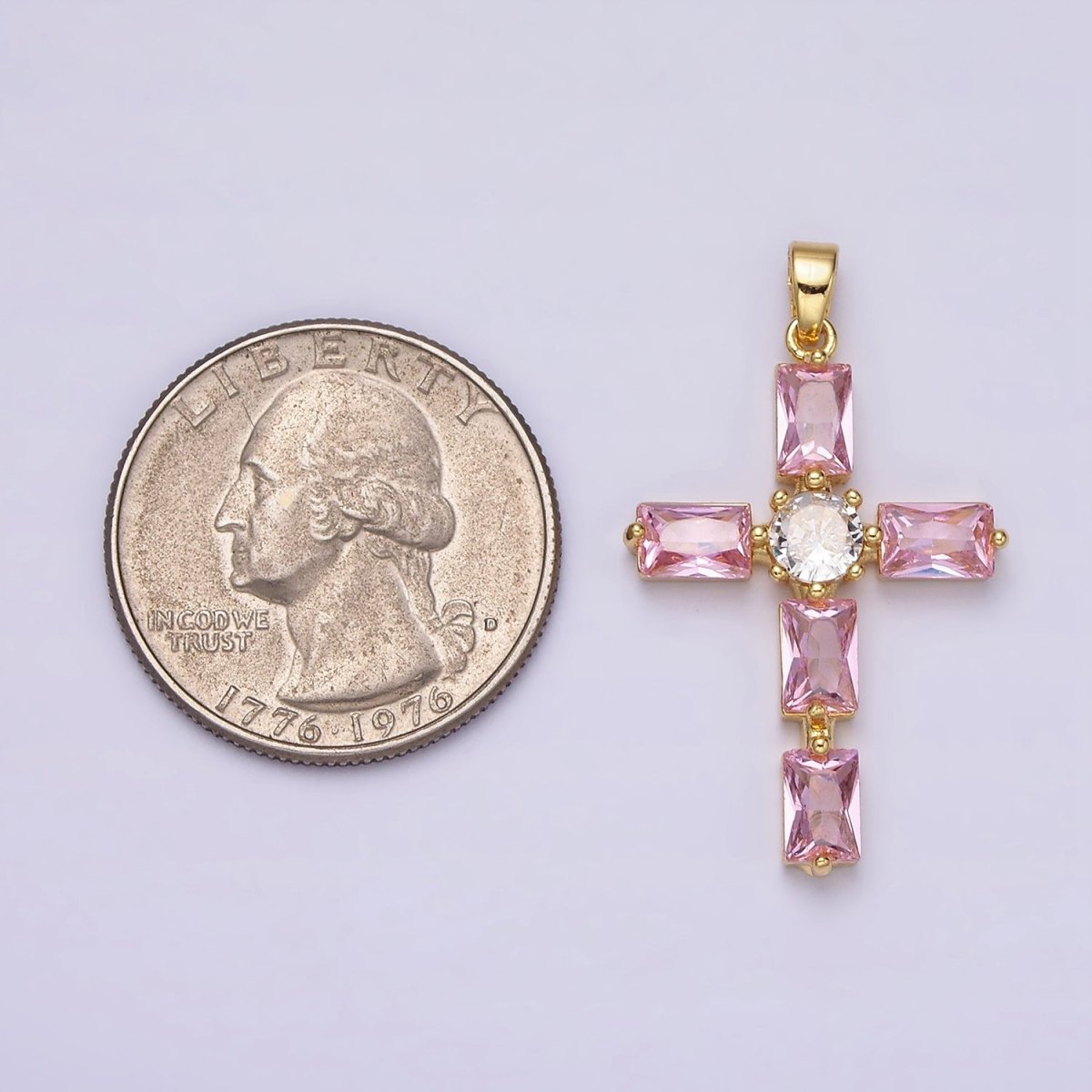 24K Gold Filled Pink, Clear Baguette Dotted Religious Cross in Silver &amp; Gold | AA543 - AA546