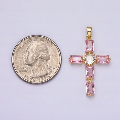 24K Gold Filled Pink, Clear Baguette Dotted Religious Cross in Silver &amp; Gold | AA543 - AA546
