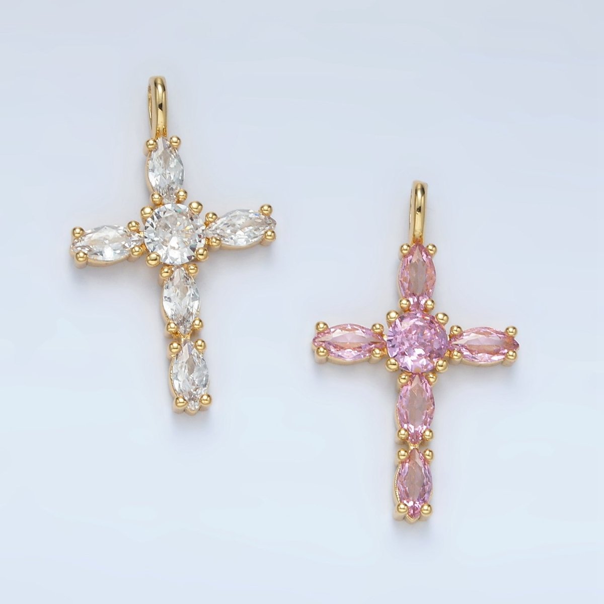 24K Gold Filled Pink, Clear Marquise CZ Cross Pendant | AA1367