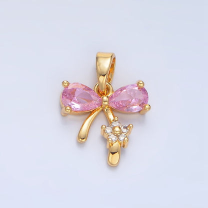 24K Gold Filled Pink CZ Ribbon Bow Flower Pendant | AA797