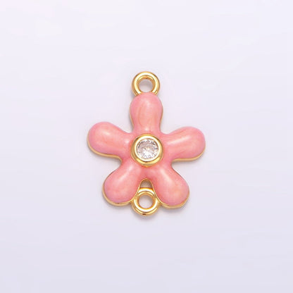 24K Gold Filled Pink Enamel CZ Flower Connector | F767