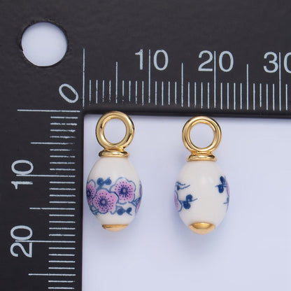 24K Gold Filled Pink Flowers White Ceramic Drop Charm | W120