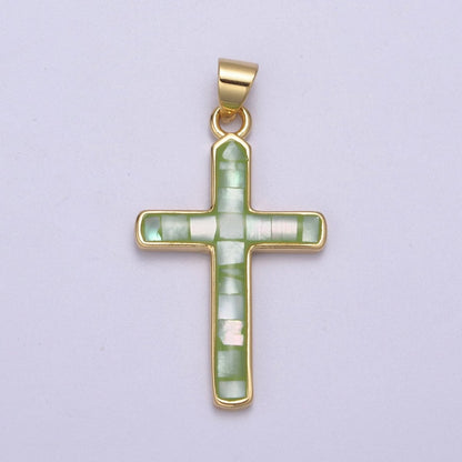 24K Gold Filled Pink / Green / Blue Opal Shell Religious Minimalist Cross Pendant H-745 H-747 H-763