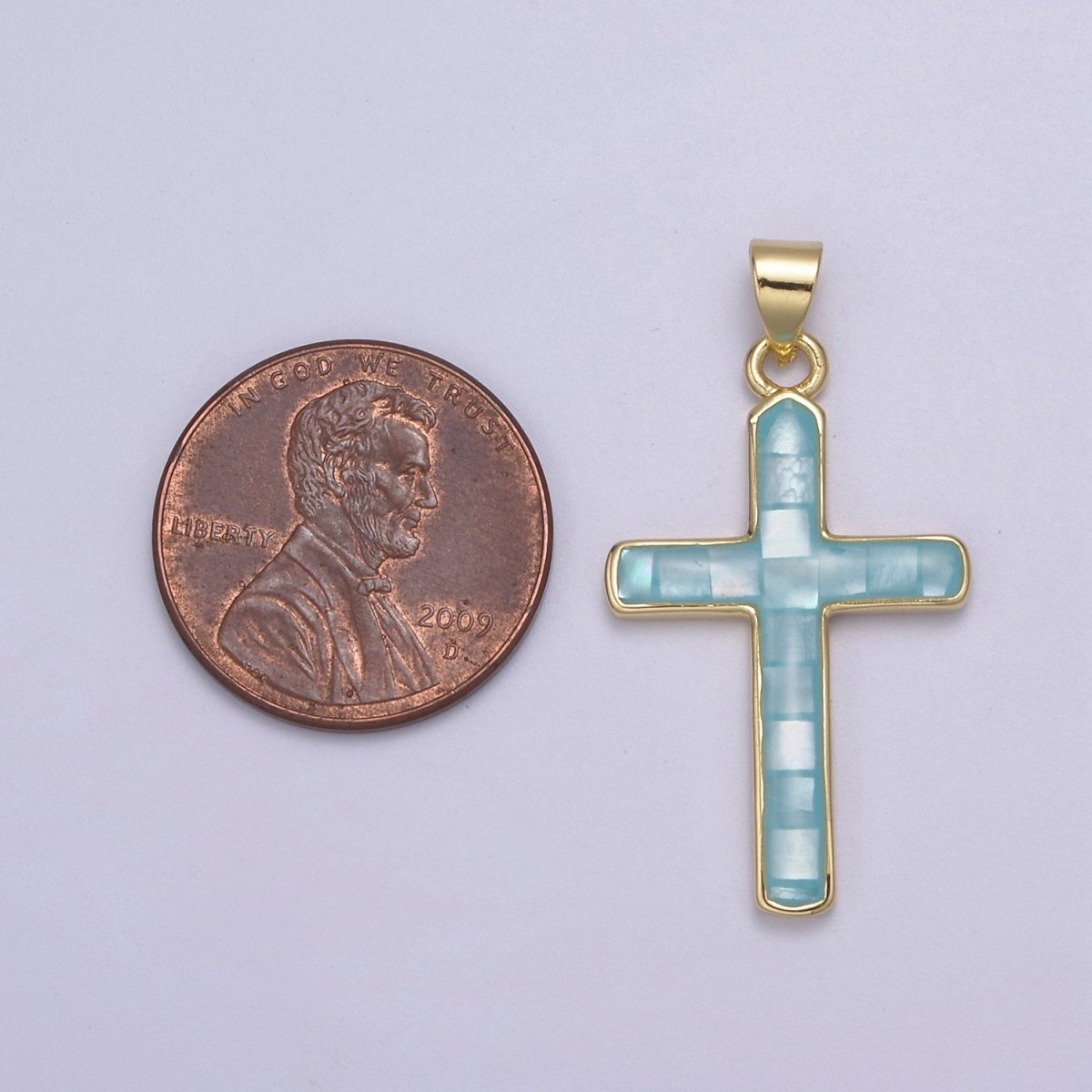 24K Gold Filled Pink / Green / Blue Opal Shell Religious Minimalist Cross Pendant H-745 H-747 H-763