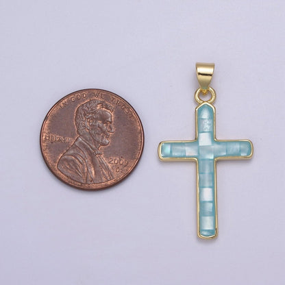24K Gold Filled Pink / Green / Blue Opal Shell Religious Minimalist Cross Pendant H-745 H-747 H-763