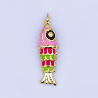 24K Gold Filled Pink, Green, Blue, Purple Enamel Fish 3D Multidimensional Charm | AJ435 AJ436