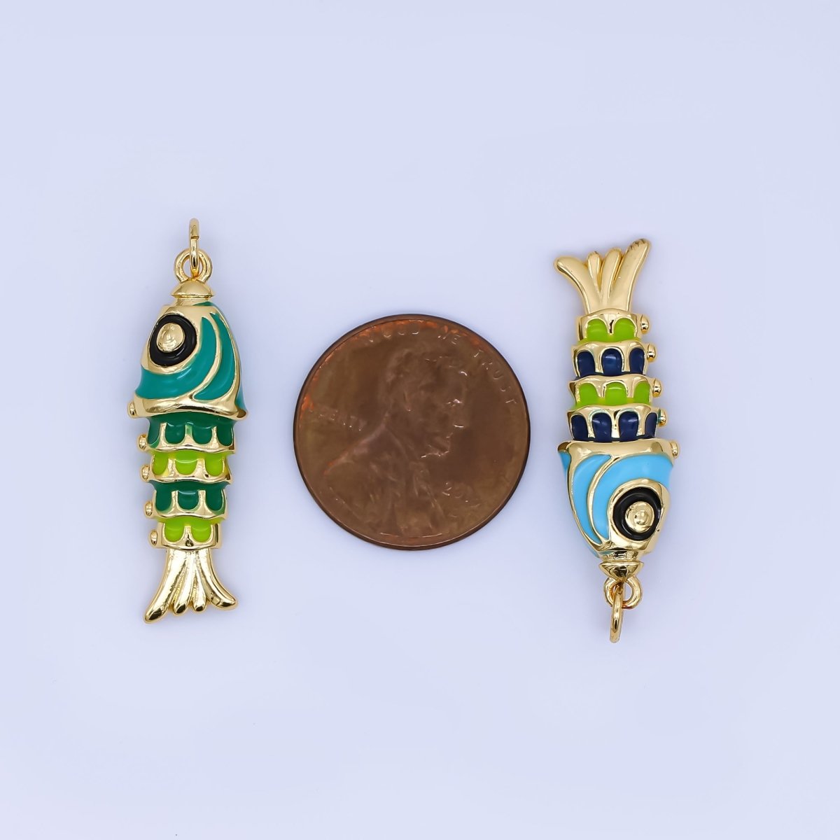 24K Gold Filled Pink, Green, Blue, Purple Enamel Fish 3D Multidimensional Charm | AJ435 AJ436