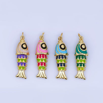 24K Gold Filled Pink, Green, Blue, Purple Enamel Fish 3D Multidimensional Charm | AJ435 AJ436