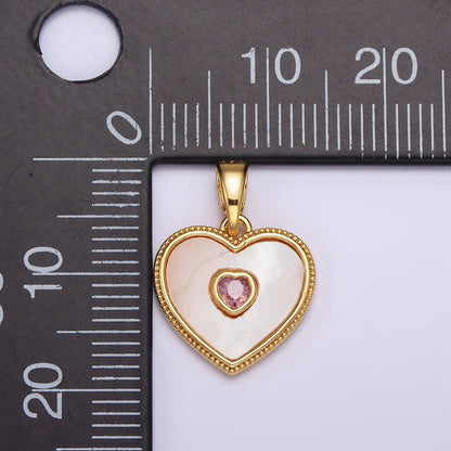 24K Gold Filled Pink, Green CZ Shell Pearl Beaded Heart Pendant | AA573 AA574