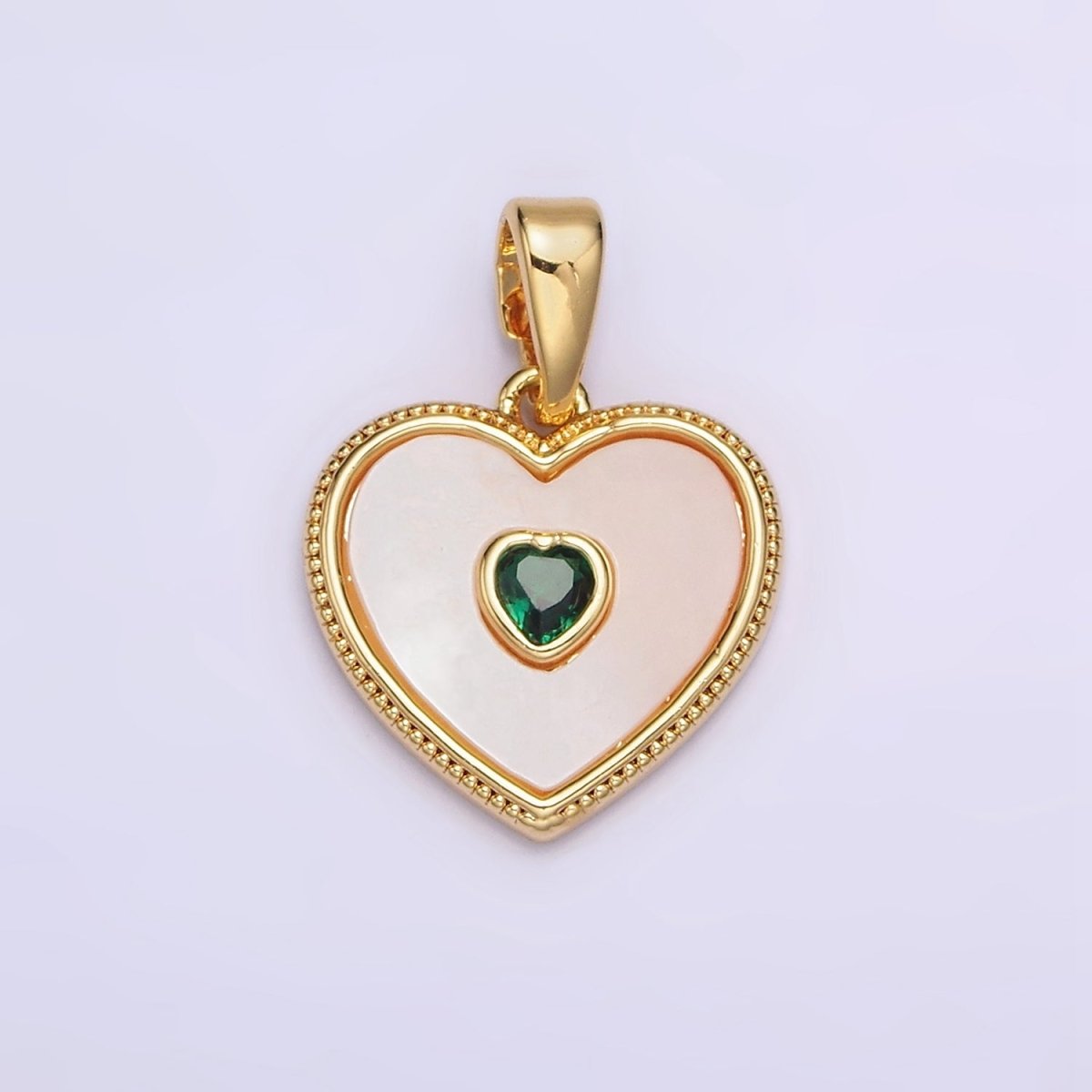 24K Gold Filled Pink, Green CZ Shell Pearl Beaded Heart Pendant | AA573 AA574