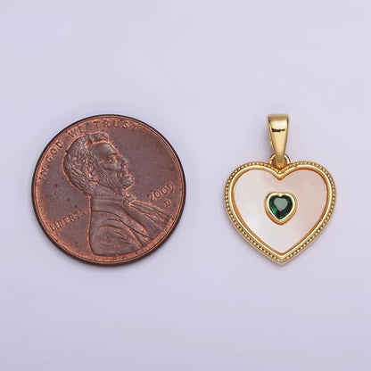 24K Gold Filled Pink, Green CZ Shell Pearl Beaded Heart Pendant | AA573 AA574