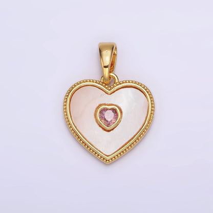 24K Gold Filled Pink, Green CZ Shell Pearl Beaded Heart Pendant | AA573 AA574