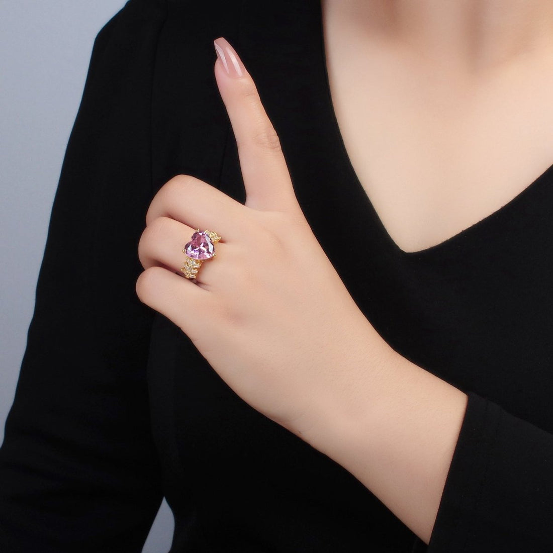 24K Gold Filled Pink Heart CZ Baguette Solitaire Ring | U350