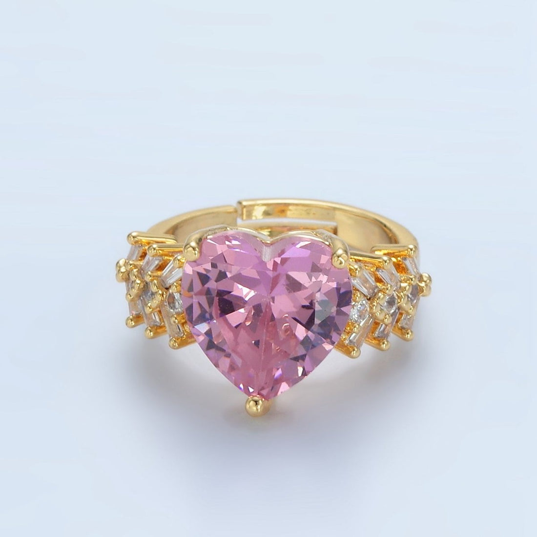 24K Gold Filled Pink Heart CZ Baguette Solitaire Ring | U350