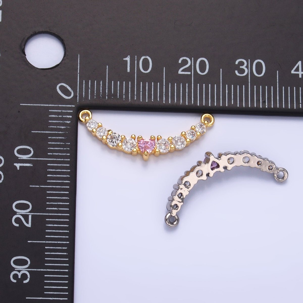 24K Gold Filled Pink Heart CZ Micro Paved Curved Connector in Gold &amp; Silver | Y004