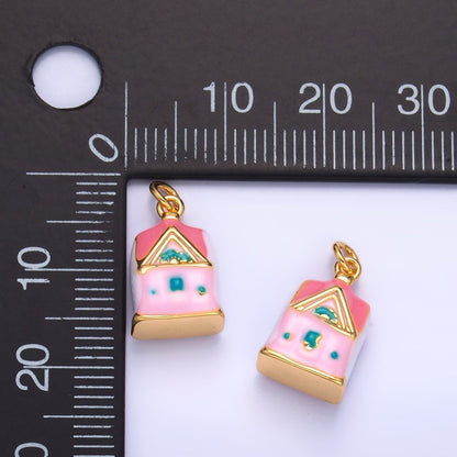 24K Gold Filled Pink House Enamel Ceramic Multidimensional 3D Drop Charm | W251