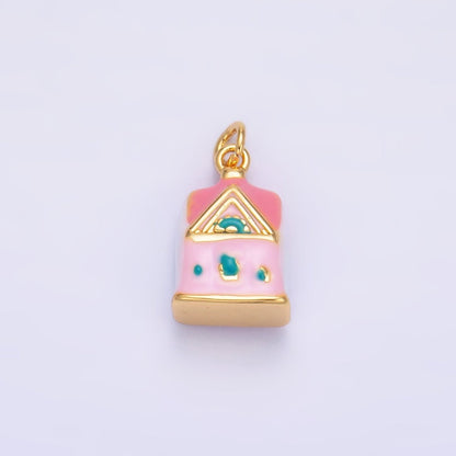 24K Gold Filled Pink House Enamel Ceramic Multidimensional 3D Drop Charm | W251