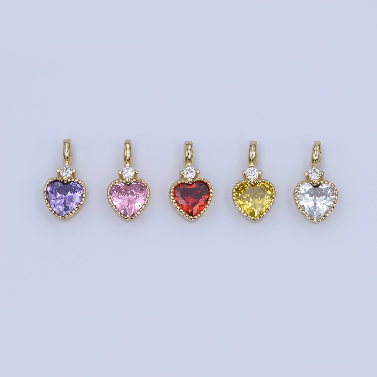 24K Gold Filled Pink, Purple, Clear, Red, Yellow CZ Heart Charm | M910 - M915