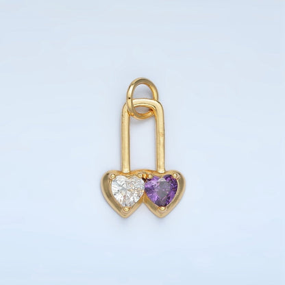 24K Gold Filled Pink, Purple Double Heart Safety Pin Padlock Charm | W183