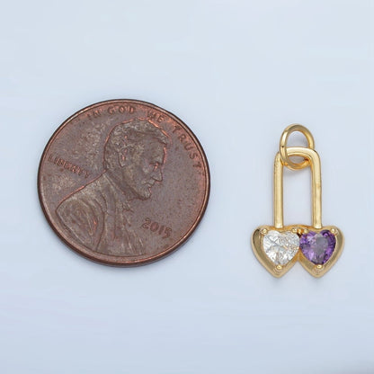 24K Gold Filled Pink, Purple Double Heart Safety Pin Padlock Charm | W183