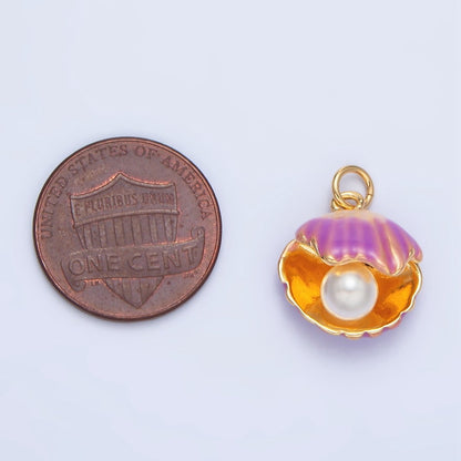24K Gold Filled Pink, Purple Enamel Clam Sea Shell Pearl Charm | X610