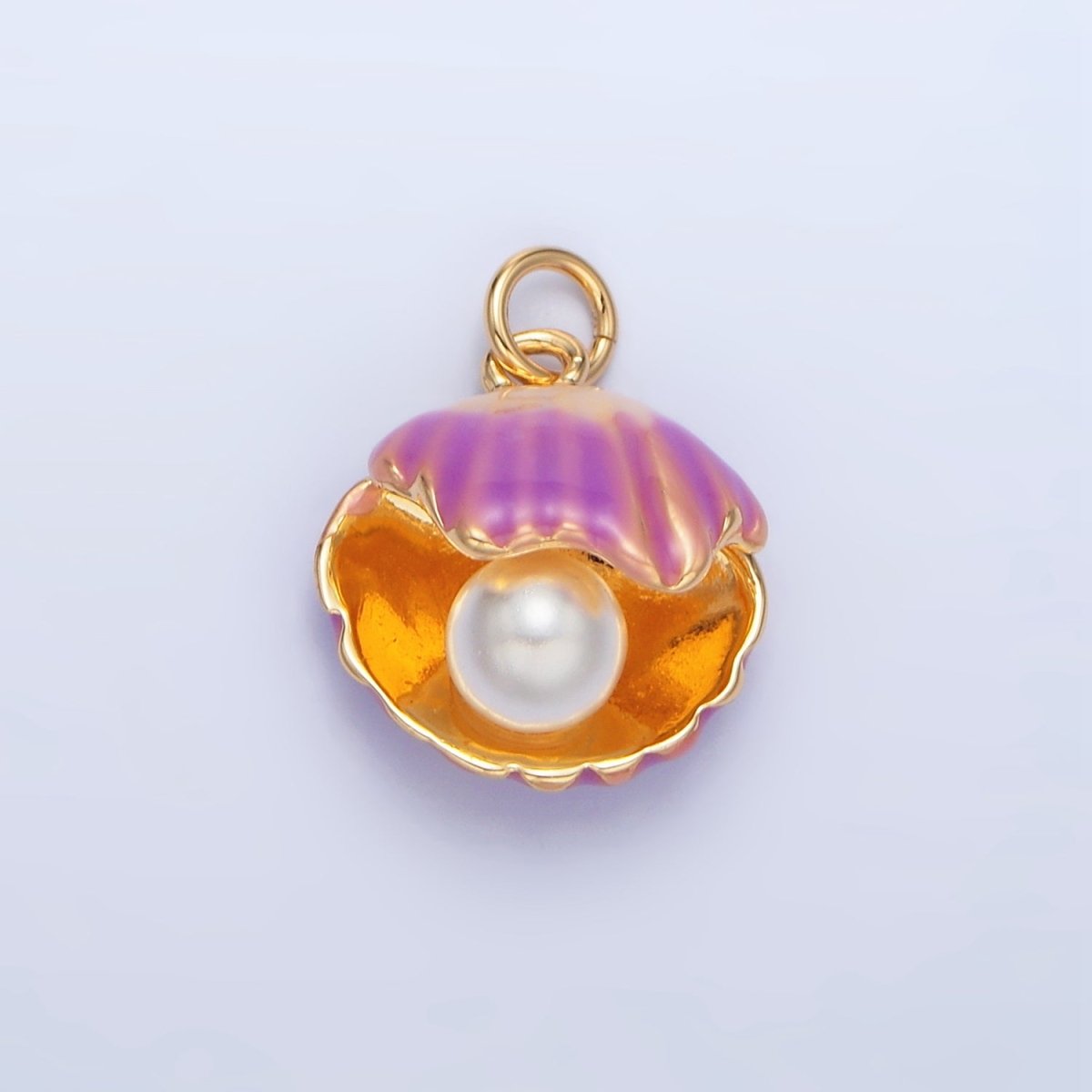 24K Gold Filled Pink, Purple Enamel Clam Sea Shell Pearl Charm | X610