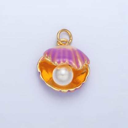 24K Gold Filled Pink, Purple Enamel Clam Sea Shell Pearl Charm | X610