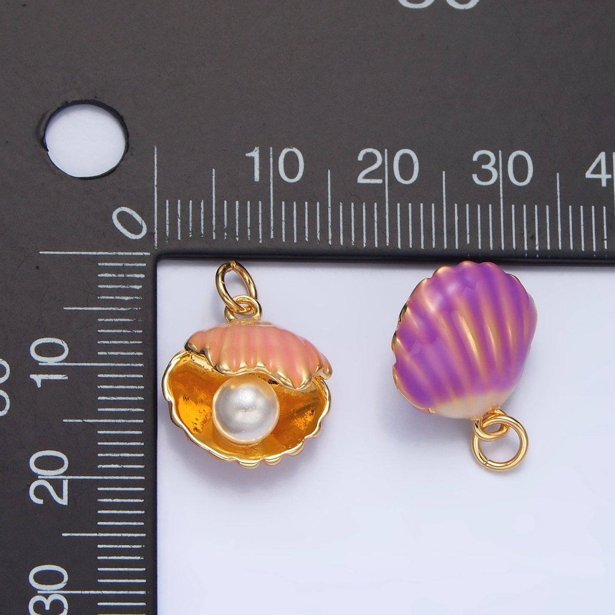 24K Gold Filled Pink, Purple Enamel Clam Sea Shell Pearl Charm | X610